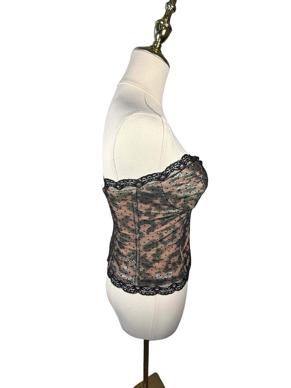 NBD Size S Strapless Corset Top Black Lace Metallic Dot - Picture 5 of 6